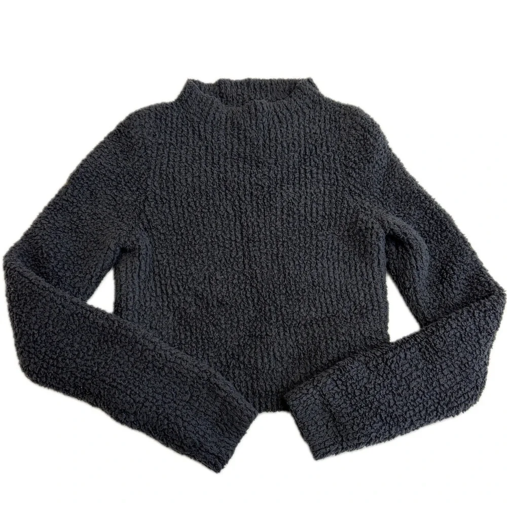 Aerie‎ Sweater Womens XS Black Grey Fuzzy Sherpa Cropped Mock Neck Gorpcore